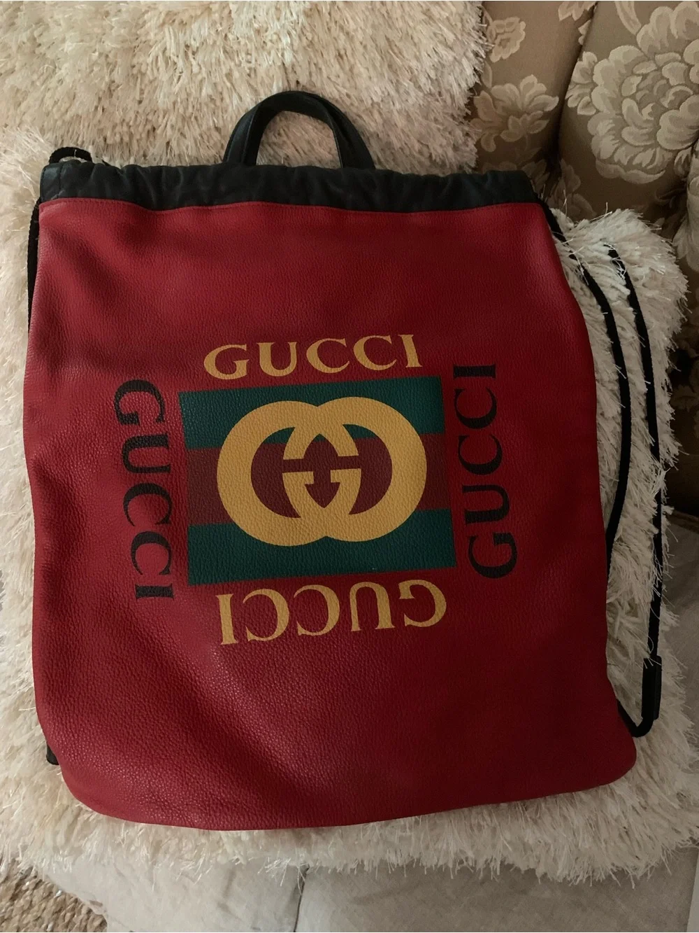 Gucci Red Leather Backpack with Yellow Logo and Green Stripe - Picture 3 of 6
